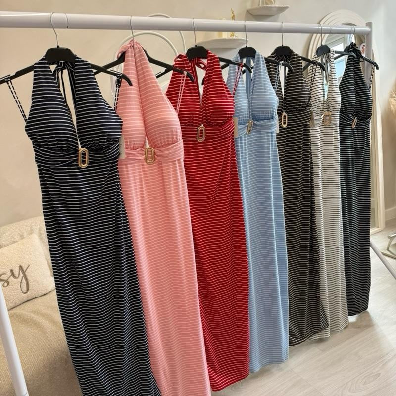ELLA Striped Maxi Dress with Belt - Elegant Long Dress for Women, Perfect for Any Occasion, Available in Multiple Colors