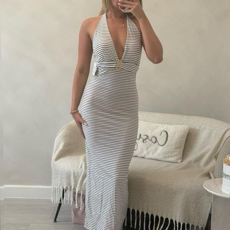 ELLA Striped Maxi Dress with Belt - Elegant Long Dress for Women, Perfect for Any Occasion, Available in Multiple Colors