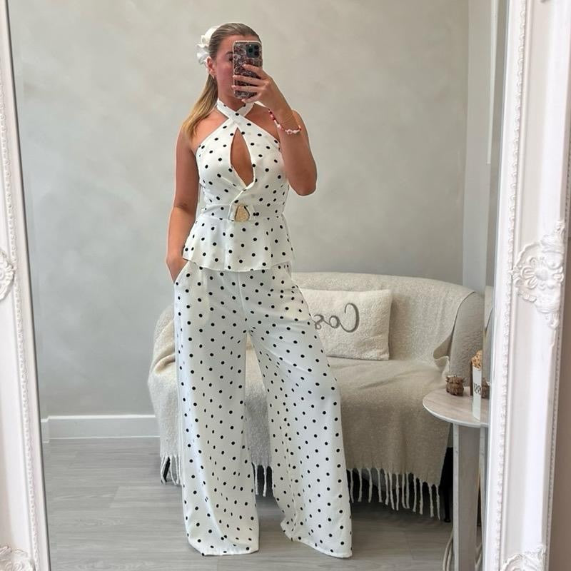 ‘Maisie’ polka dot halter neck top & wide leg trousers