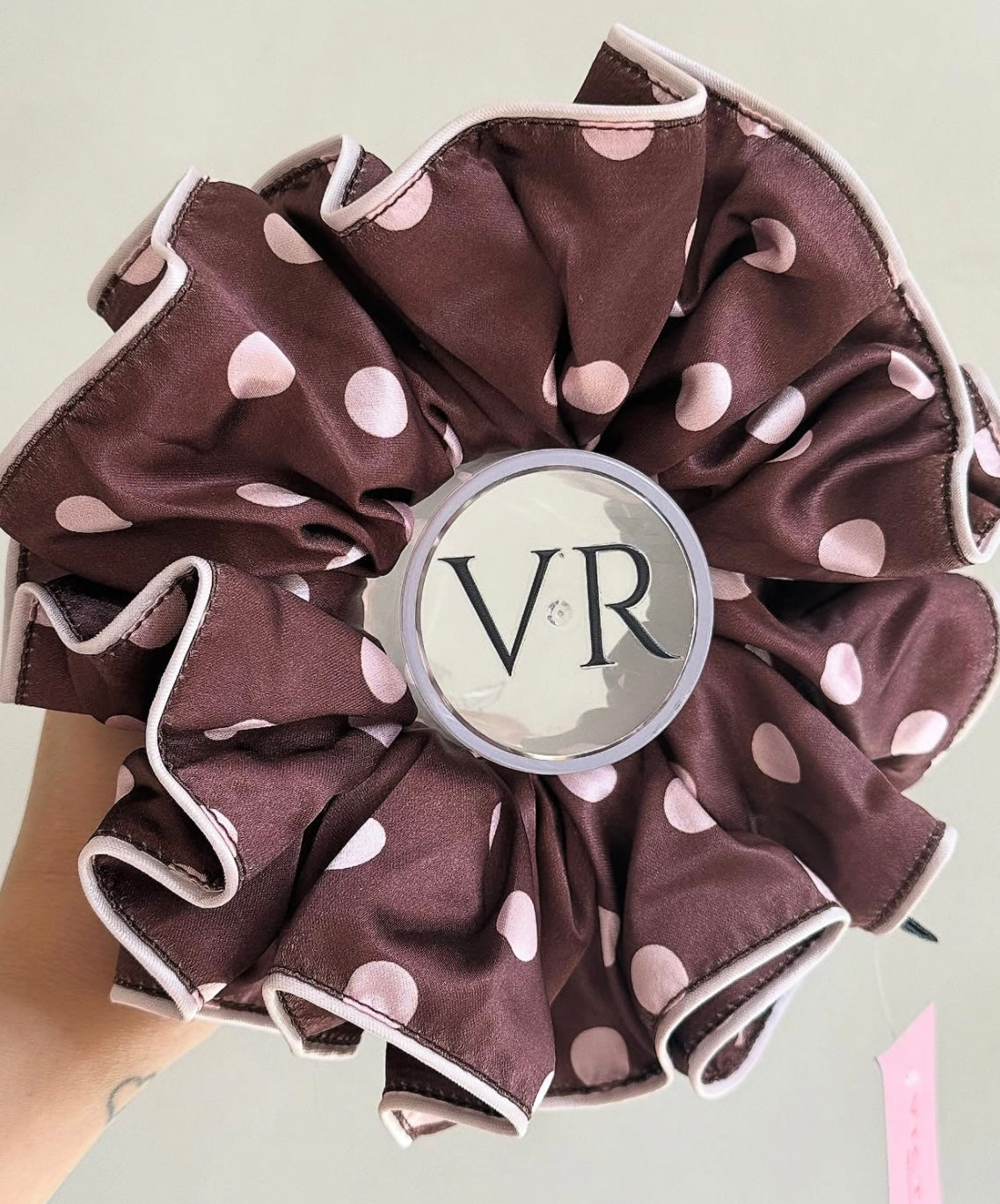 Brown with baby pink polkadot XXL VR SCRUNCHIE