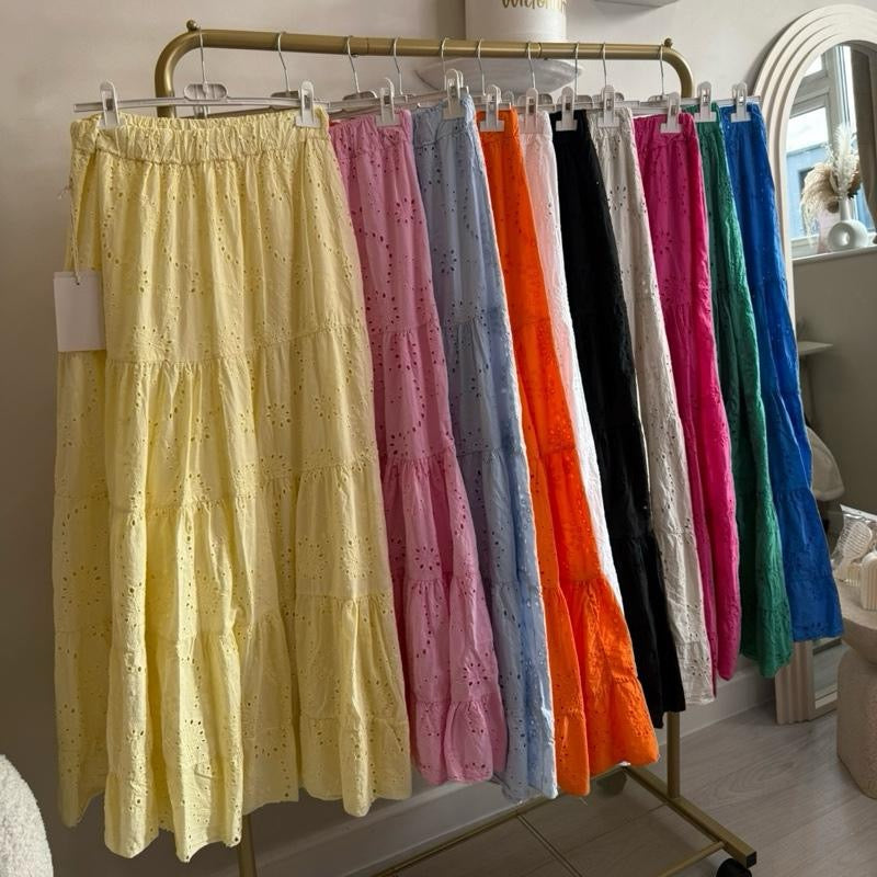 “Valentina”  The Vacation Vibes Skirt - Vibrant Eyelet Tiered Design in Multiple Colors for Summer Style Womenswear