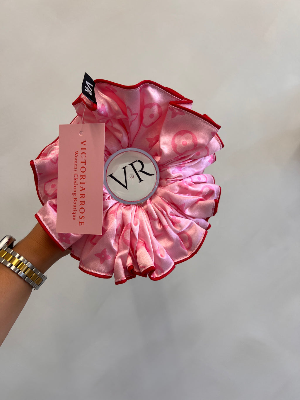 Limited addition Red Piping pink print VR XXL satin scrunchie