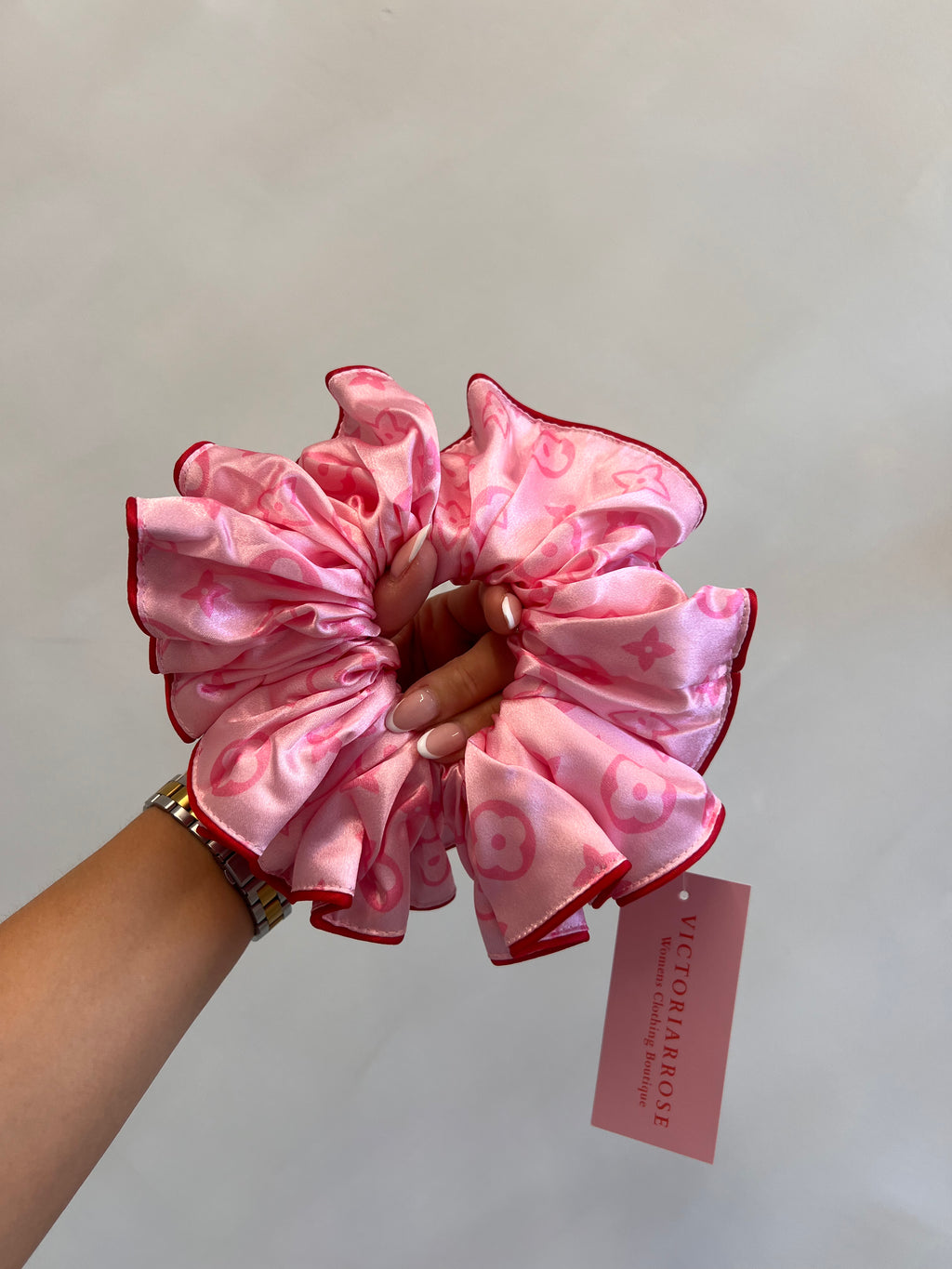 Limited addition Red Piping pink print VR XXL satin scrunchie