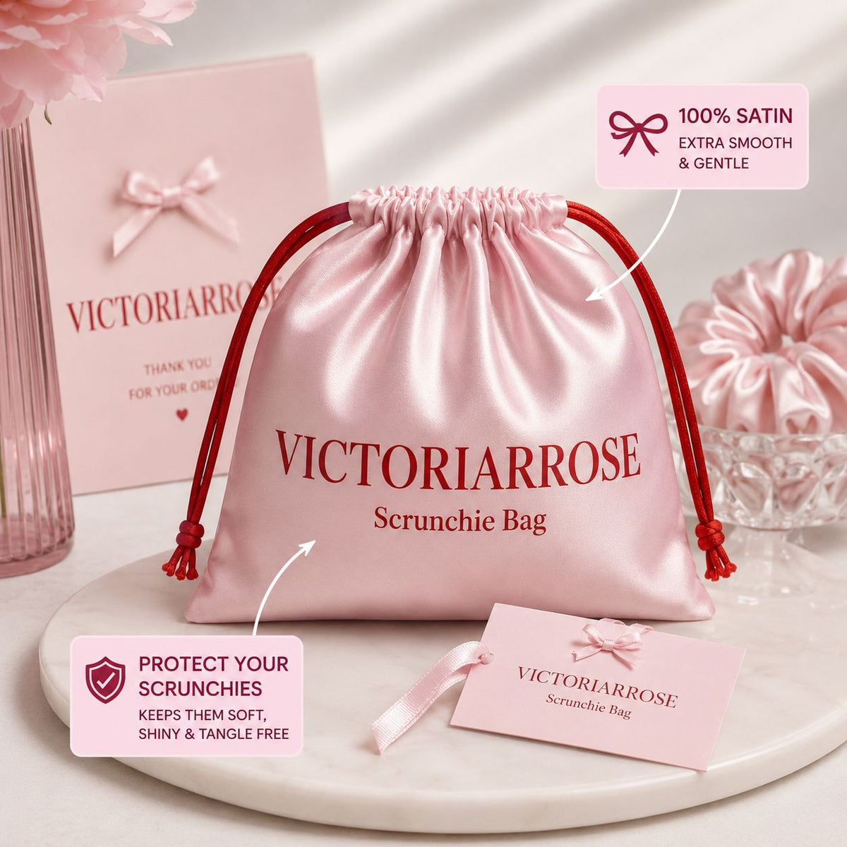 VictoriaRose Satin Scrunchie Bag - Pink with Red Drawstring - Elegant Storage Solution for Protecting Your Scrunchies PRE ORDER
