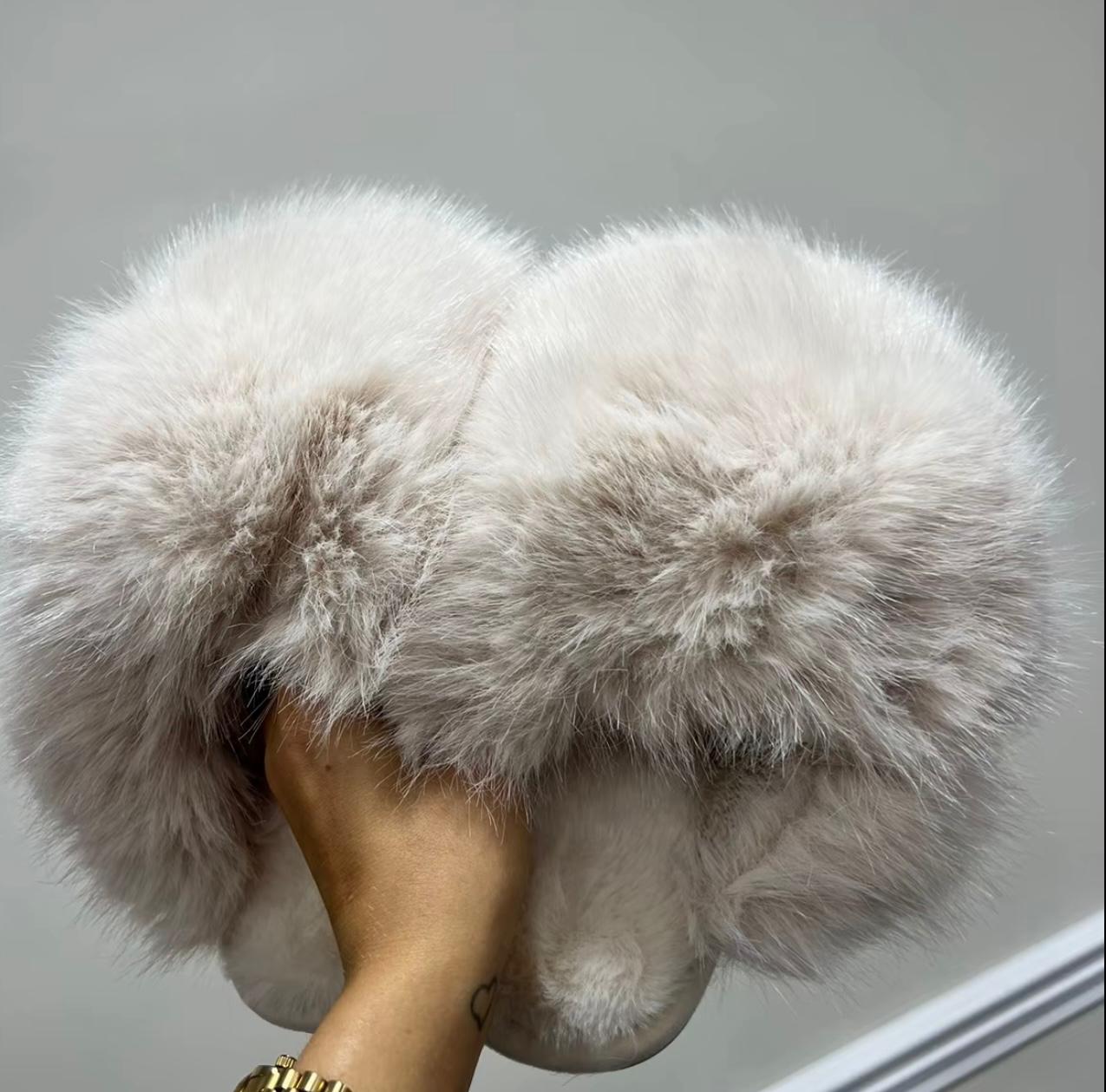 Queenie Extreme Faux Fur Slippers - Beige